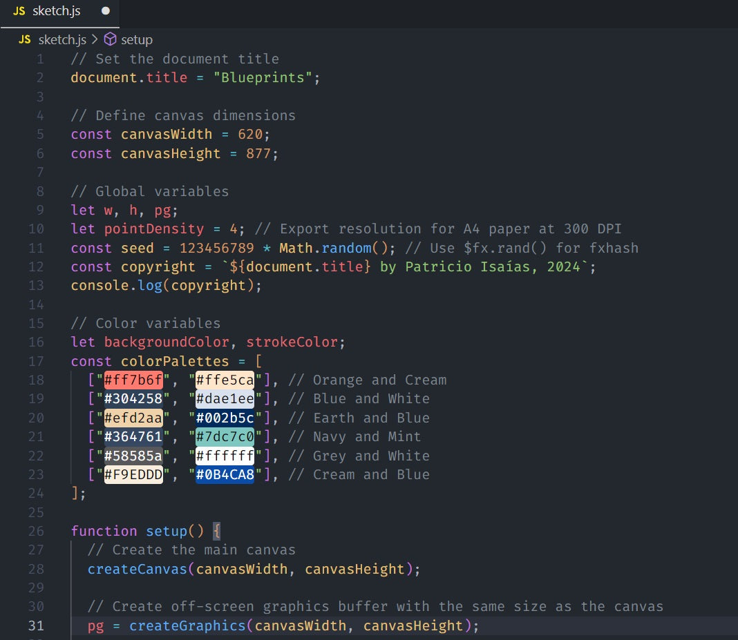 Captura de pantalla de código para arte generativo